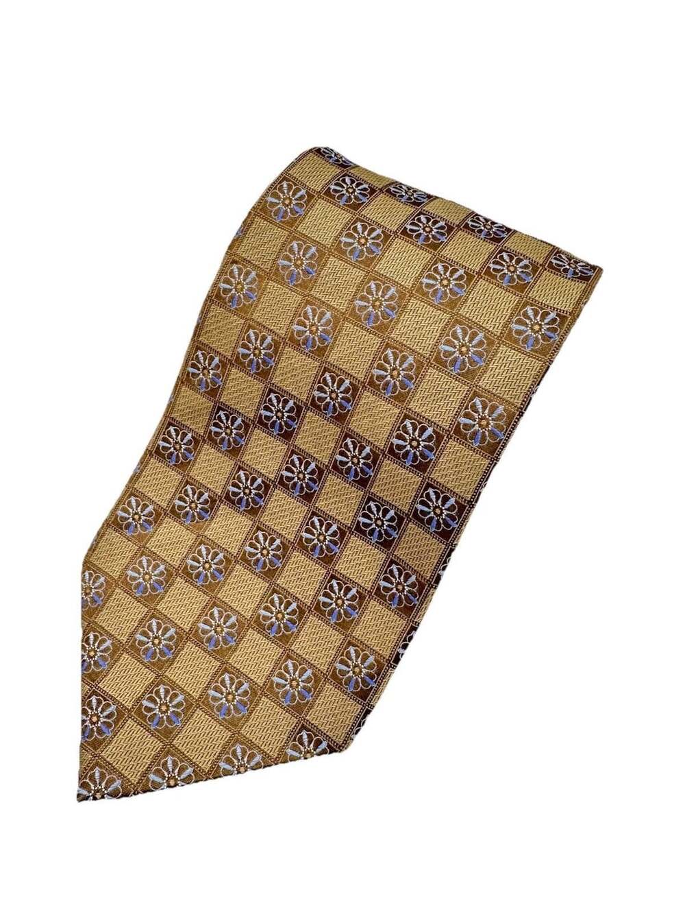 Ermenegildo Zegna Gold & Brown Check Floral Silk Tie – Blue Flower Motif Italy